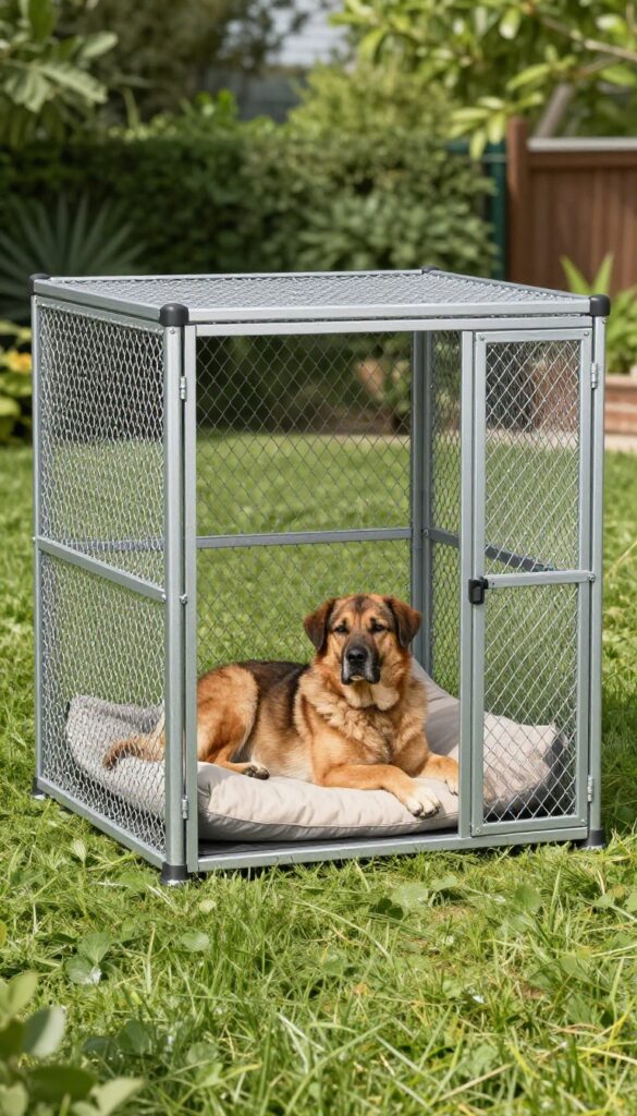 Heavy-duty chain link dog kennel with privacy panels in a sunny backyard