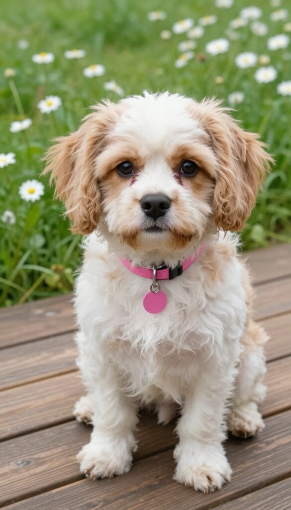 A cute Cavalier King Charles Spaniel with a pink collar sitting on a sunny deck.