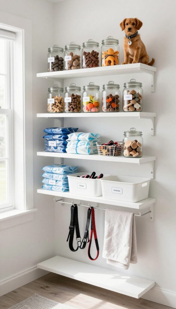 Open shelving in a utility room with dog gear neatly organized, including leashes, treats, and collars.