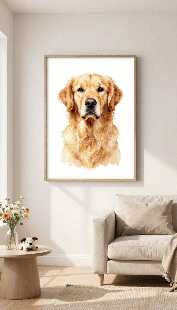 Custom pet portrait print framed on wall in bright living room with flowers and dog toy