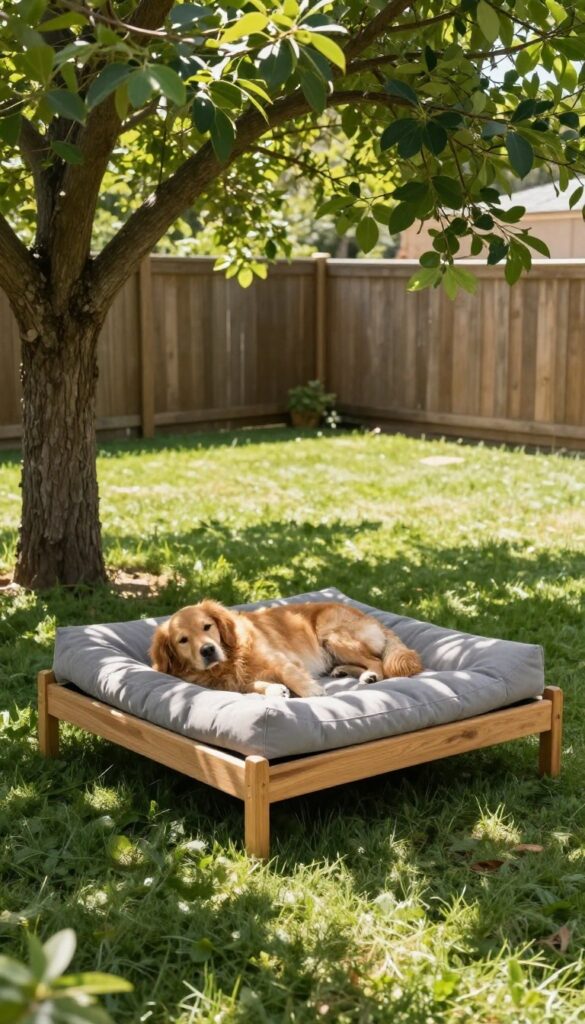 Dog resting on a raised bed in a shaded backyard corner