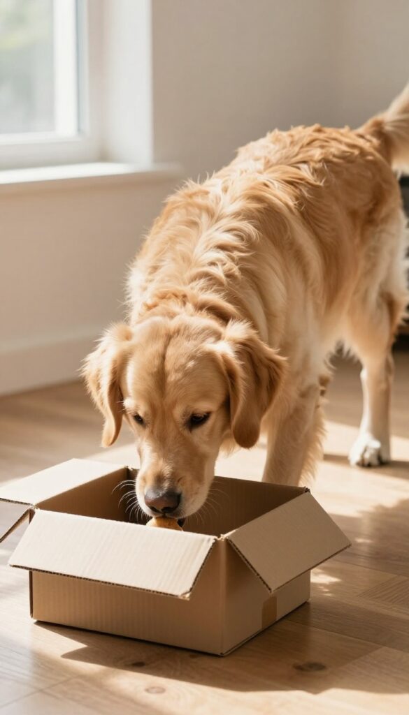 A golden retriever sniffing a cardboard box on a wooden floor, with a treat visible underneath, in bright natural light.