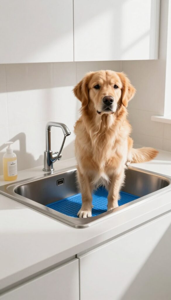 Dog standing in a deep utility sink with a handheld sprayer and non-slip mat in a bright laundry room.