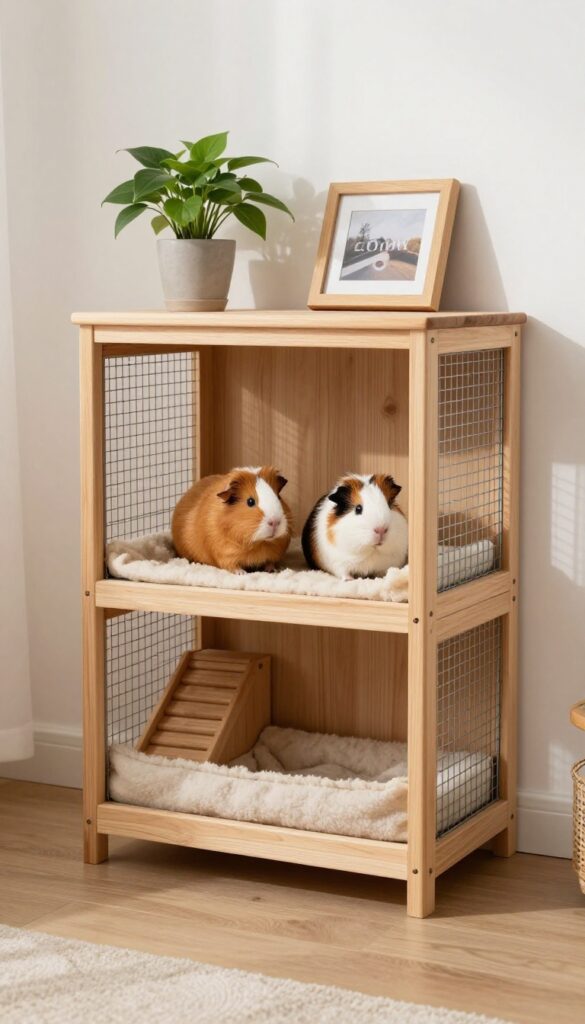 Wall-mounted guinea pig hutch with ramp and playpen in a bright living room