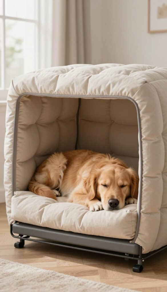 Dog crate with plush washable bed and relaxed golden retriever inside, cozy living room setting