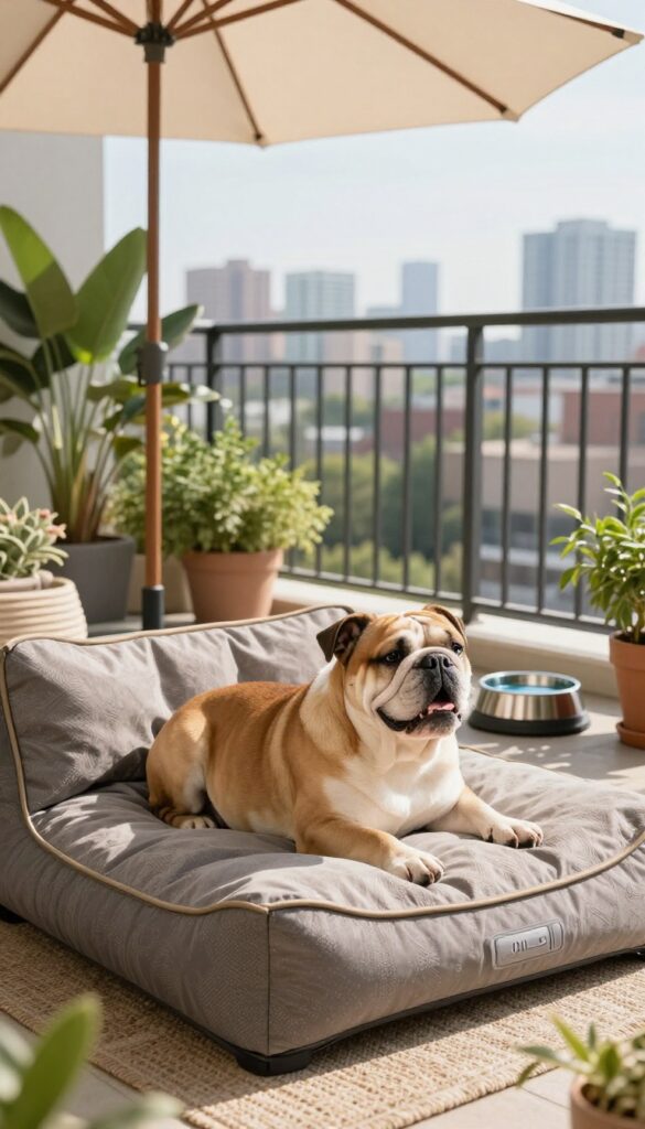 Cozy balcony dog lounge with outdoor dog bed, shade umbrella, and a relaxed bulldog enjoying fresh air and sunshine.