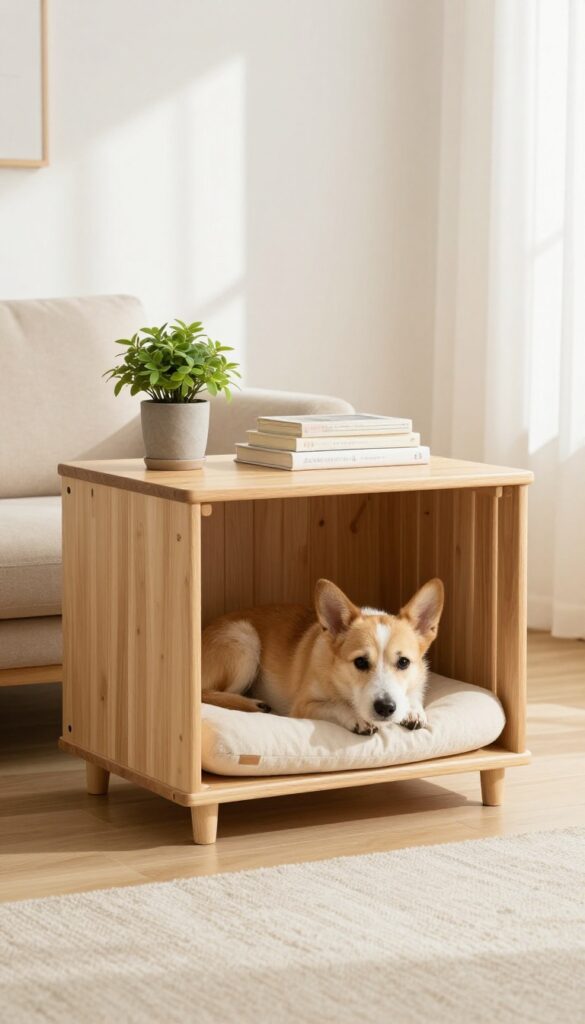 A wooden dog crate styled as an end table in a cozy living room with a dog resting inside.