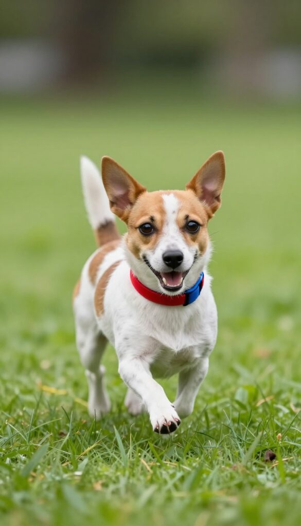 Small speckled dog running in sunlit park with bright minimalist collar