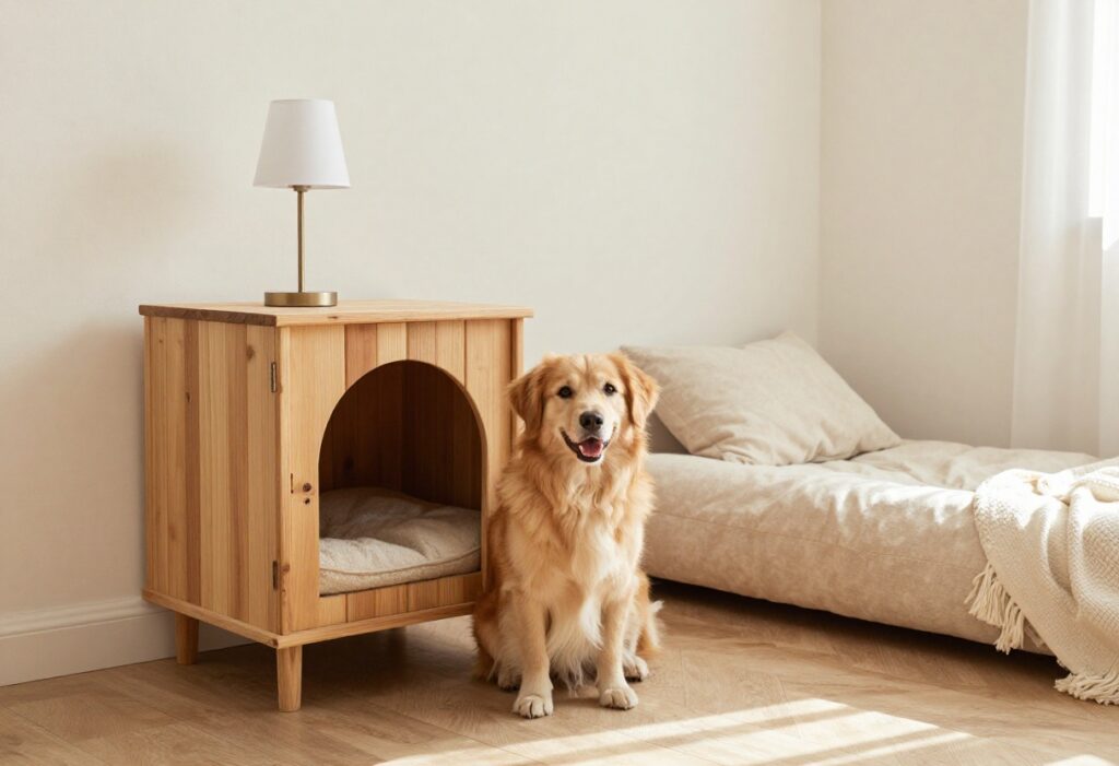 Cozy living room with a wooden dog crate side table and a happy dog inside