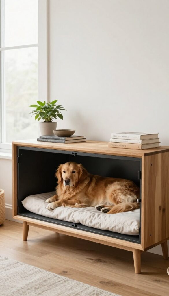 A stylish wooden console table with a built-in crate compartment, a golden retriever resting inside, in a bright living room.