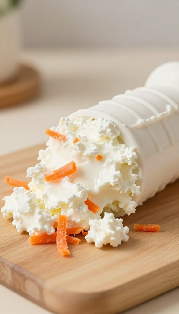 Dog Kong stuffed with cottage cheese and shredded carrots on a wooden surface