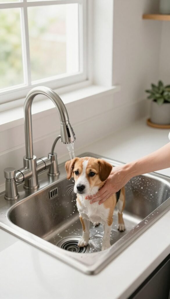 Deep utility sink with industrial gooseneck faucet and handheld sprayer, with a dog being bathed in it, in a bright laundry room.