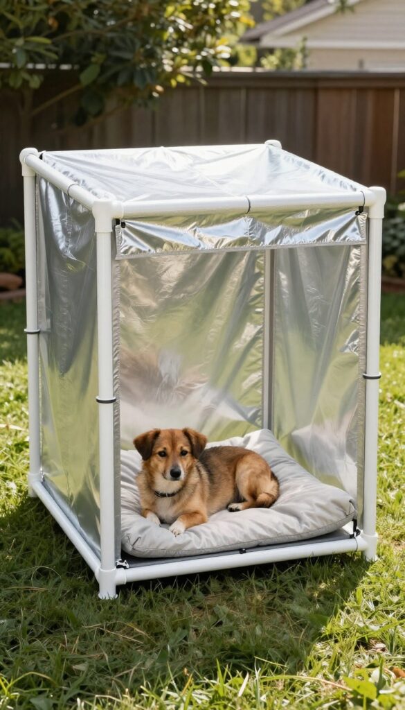 Custom tarp and PVC pipe kennel with a dog resting inside on a sunny day