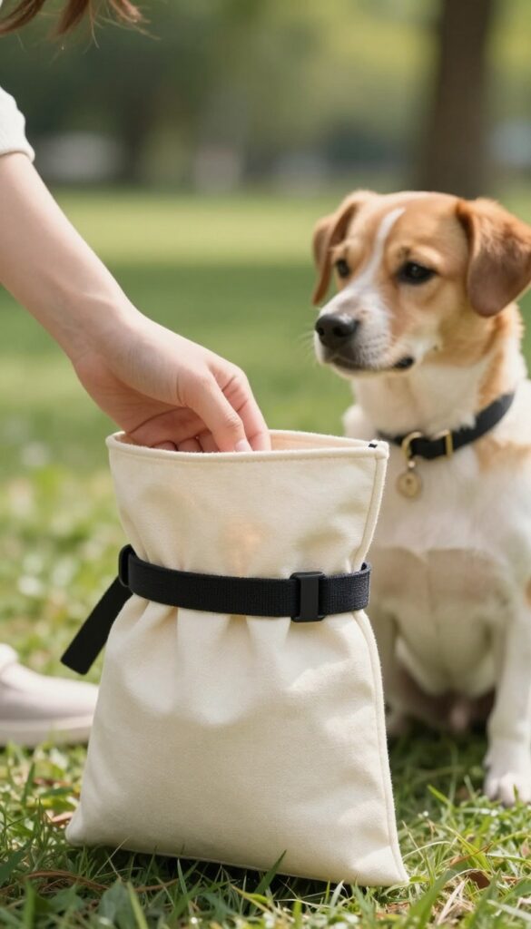 Handmade fabric treat pouch with belt loop on waist belt, dog sitting beside