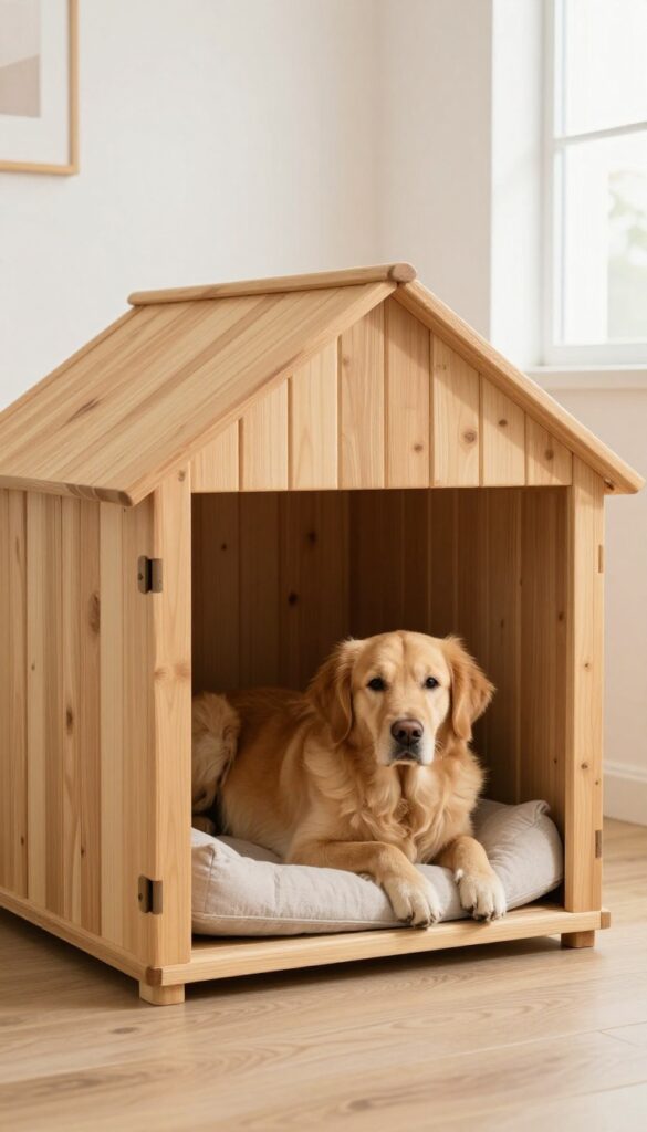 Large wooden indoor dog house with removable roof in a bright living room, dog resting inside.