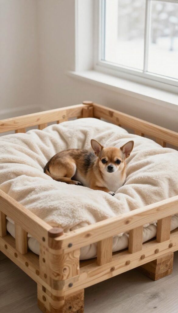 Pallet dog bed with heated pad and short-haired dog curled up, cozy winter indoor setting