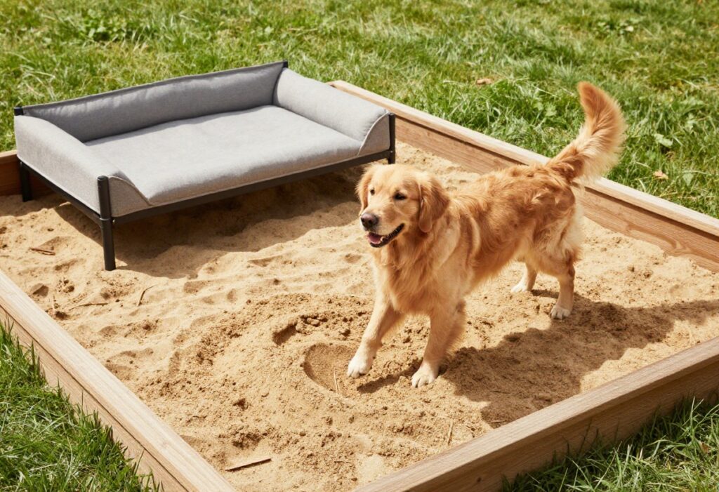 Golden retriever in a backyard with a designated digging pit and shaded rest area