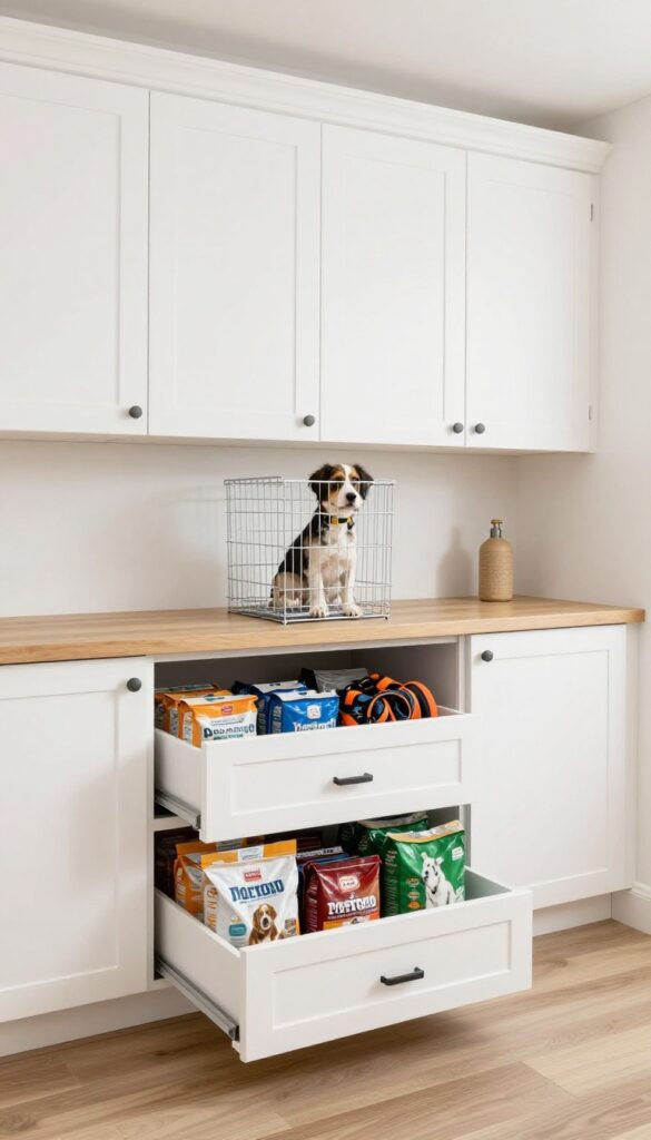 Overhead cabinet kennel with pull-out drawers in a bright laundry room, dog crate under cabinets, platform for small dogs, storage drawers below.