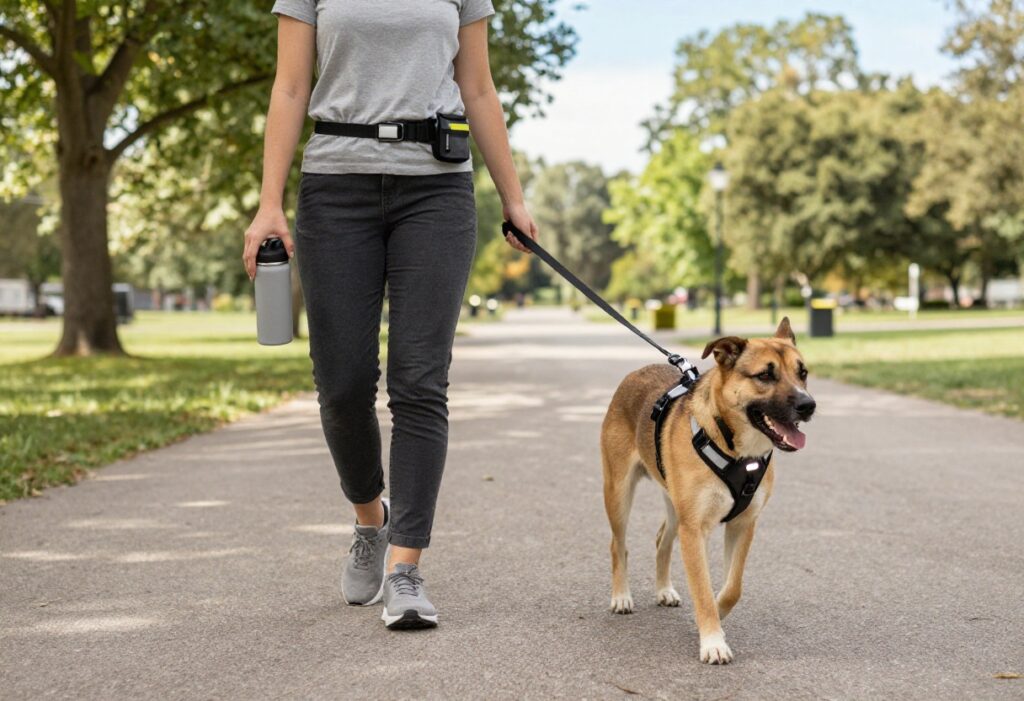 Dog owner walking a dog with hands-free leash, water bottle, treat pouch, and reflective harness in a sunny park.