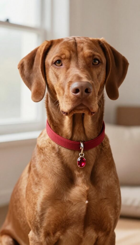 Elegant red-coated dog wearing a collar with a ruby charm, lying on a ruby-toned cushion in soft natural light.