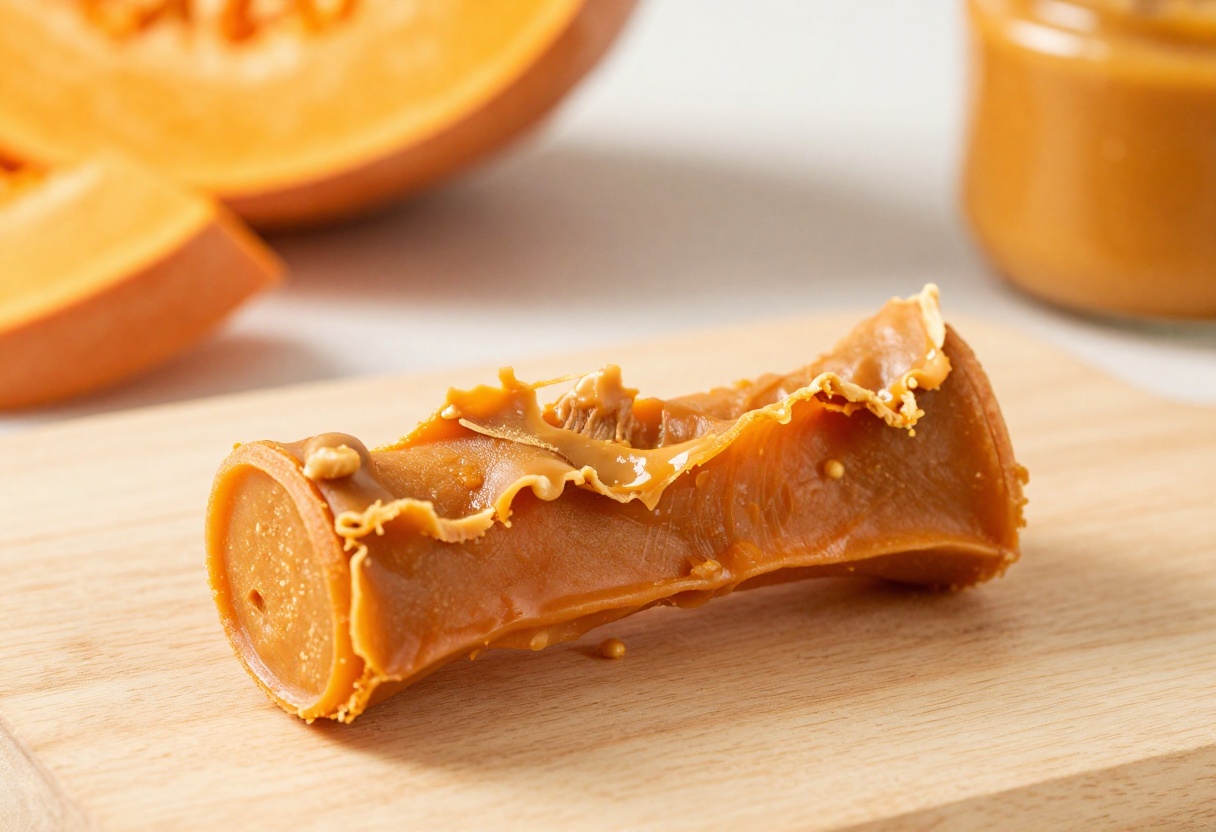 Homemade pumpkin dog chew on wooden surface