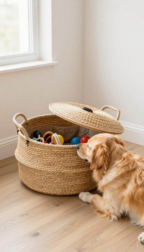 Dog nudging open a stylish lidded toy basket with internal sorting dividers in a bright living room