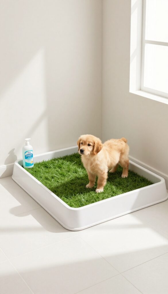 Indoor potty area for dogs with artificial grass pad on waterproof tray, tile flooring, and gate, with puppy using it