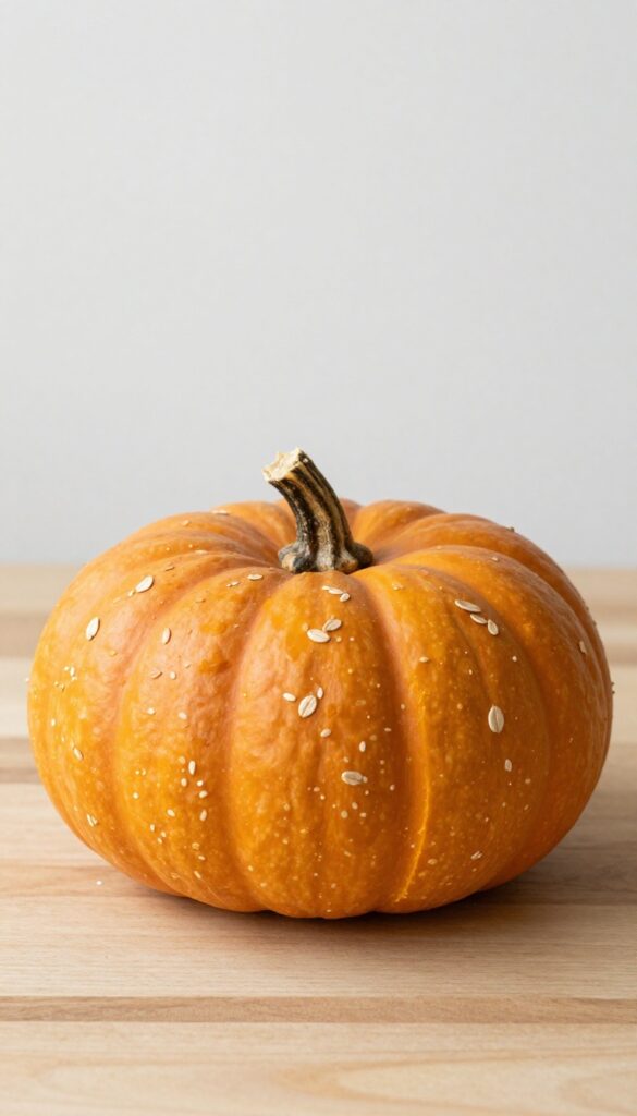 A slice of pumpkin egg oat dog cake on a wooden board, showing the moist texture and golden brown crust.