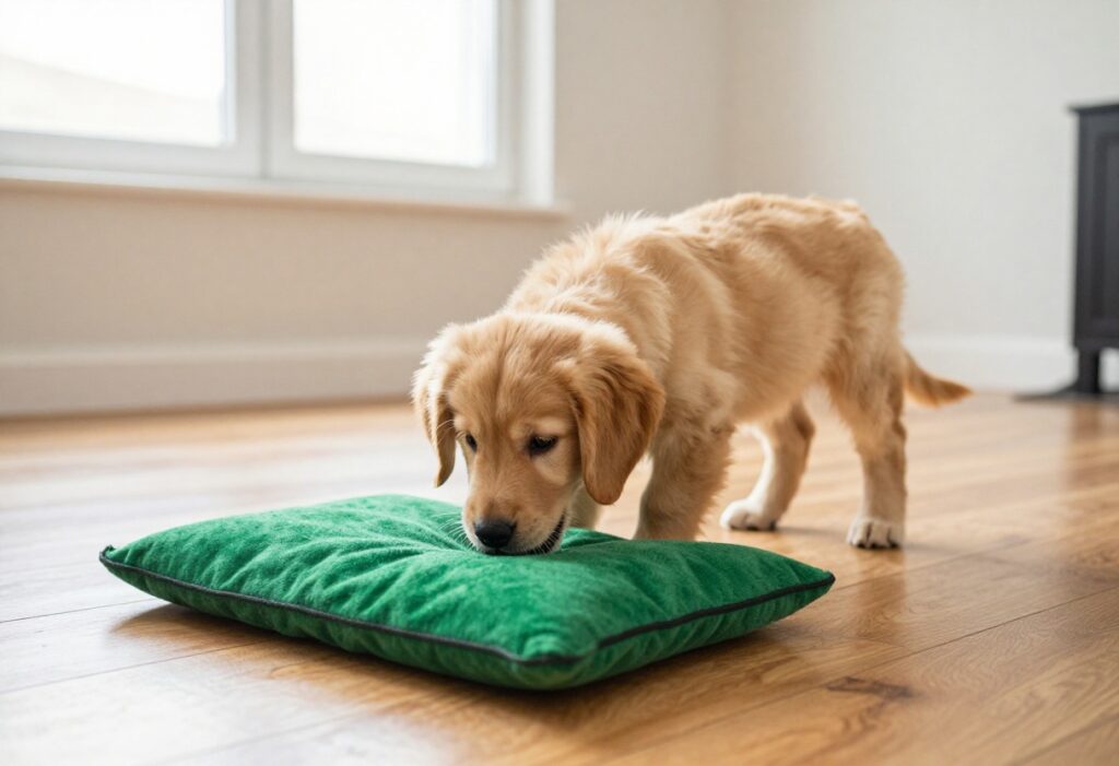 Golden retriever puppy using a snuffle mat for mental stimulation