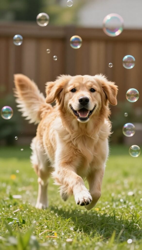 Dog jumping to catch bubbles in a sunny backyard