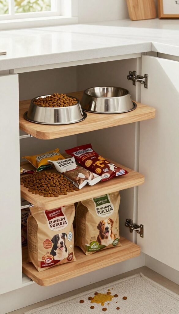 A raised dog feeding station with stainless steel bowls and built-in storage for food and treats, placed on a washable mat in a bright kitchen.