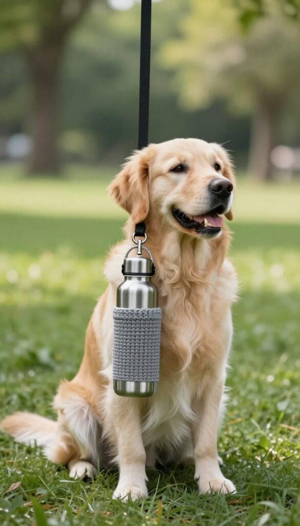 A crochet water bottle holder attached to a dog leash with a water bottle inside, and a golden retriever sitting nearby in a sunny park.