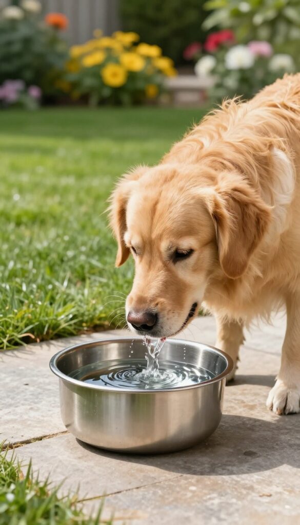 A large golden retriever drinking from a heavy ceramic water bowl on a stone patio, with a lush garden background.