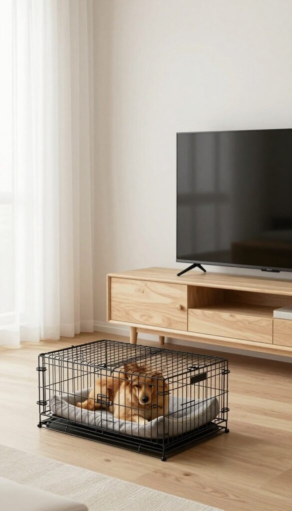 Minimalist dog crate TV stand with wooden platform and TV, open crate door, bright living room