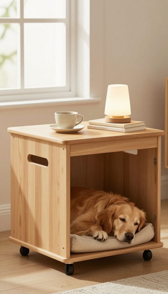 Dog crate styled as an end table with wooden topper, lamp, books, and coffee cup, dog sleeping inside, bright natural light.