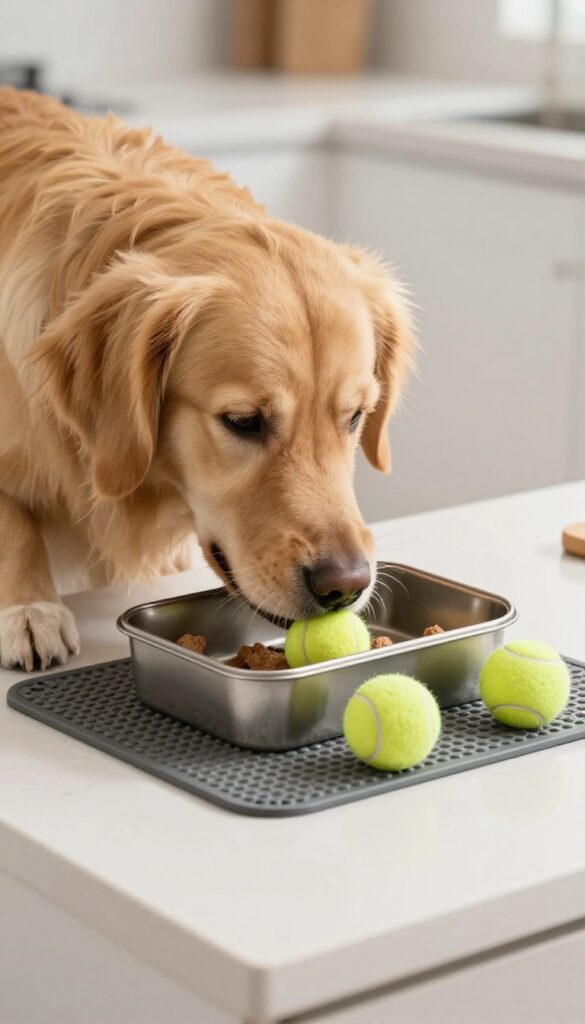 Golden retriever solving a muffin tin puzzle with tennis balls and treats