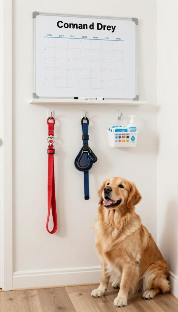 Under stairs dog command center with calendar, hooks, and supplies, golden retriever beside it.