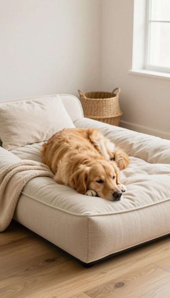 Golden retriever sleeping on a plush orthopedic dog bed with bolstered edges in a bright cozy bedroom corner