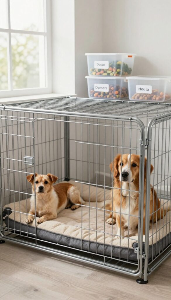 Multi-pet dog kennel with divided storage in a bright laundry room