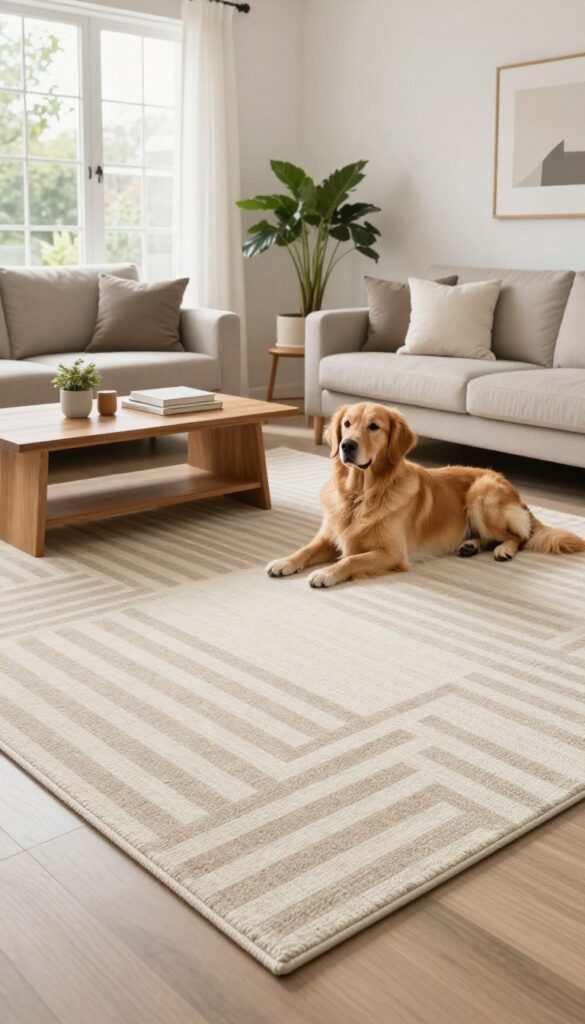 A dog lying on a neutral patterned washable rug in a bright, modern living room with grown-up decor.