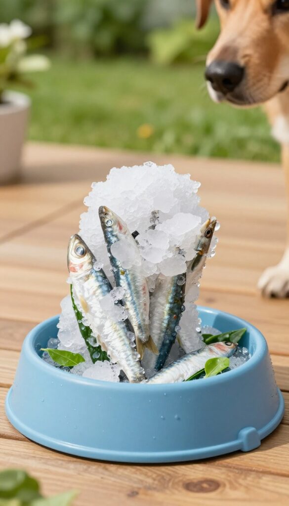 Frozen dog enrichment bowl filled with sardines and spinach on a wooden deck in natural light