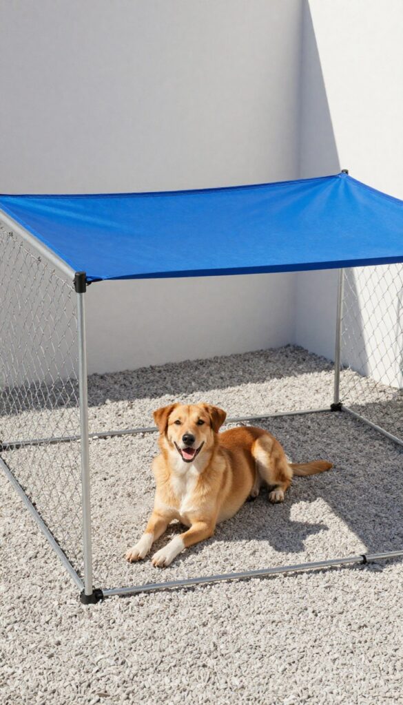 Chain-link dog kennel with blue shade sail roof, dog resting inside, sunny backyard