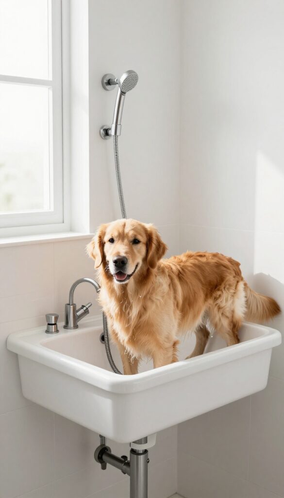 Handheld shower wand mounted on wall hook above utility sink, rinsing a golden retriever in the sink
