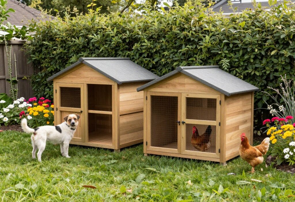 A combined dog kennel and chicken coop in a sunny backyard with a dog and chickens nearby