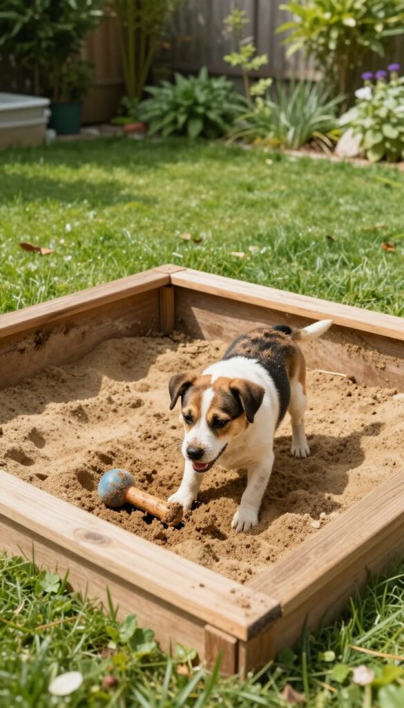 Dog digging in a designated sand pit in a backyard