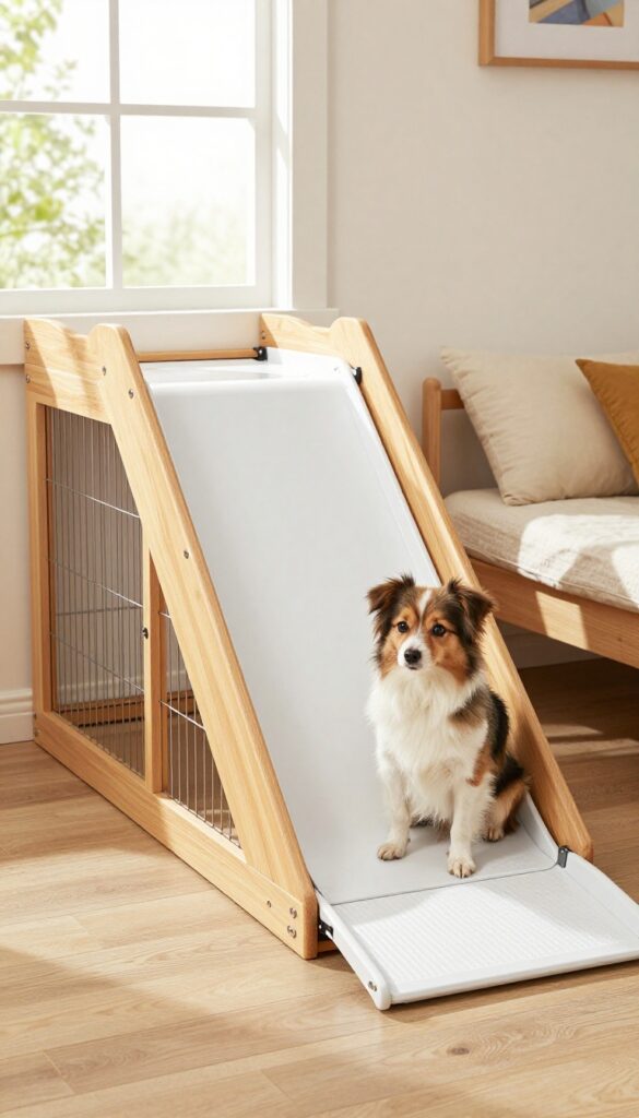 Slide-out tray kennel under stairs with removable tray for easy cleaning, small dog inside