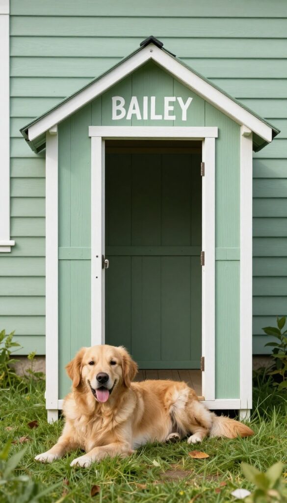 Custom painted dog kennel matching home exterior with dog's name stenciled on front, golden retriever relaxing nearby in backyard