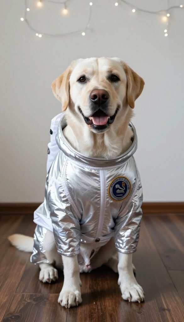 Dog wearing astronaut costume with starry background