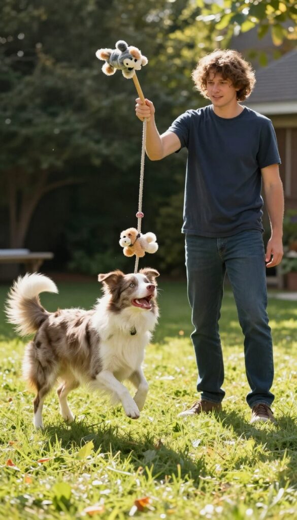 Person playing flirt pole with a dog in a sunny backyard, dog jumping to catch toy