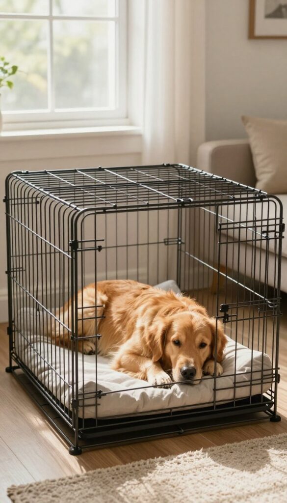 Dog crate in a family-friendly living room corner with a relaxed dog inside